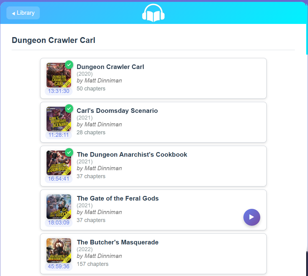 A series listing showing each book and its runtime