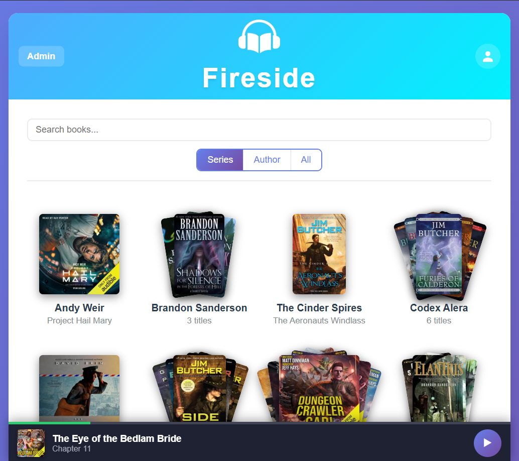 Fireside library grouped by series and author