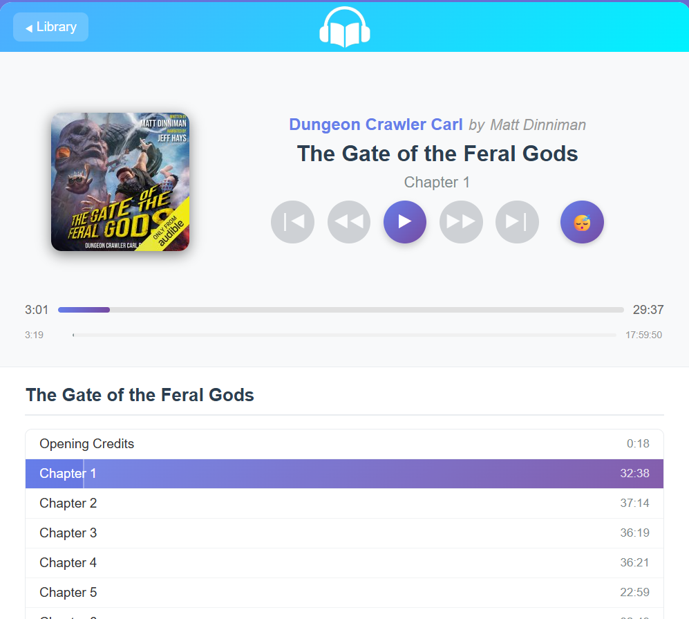 The Fireside now-playing screen with chapter list